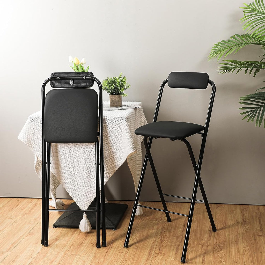 Thyle 1 Pcs Folding Bar Stool with Backrest, Tall Foldable Stool Chair Portable High Folding Bar Chair Counter Height Seat Leather Padded for Kitchen Island Shop Cafe Dining Room Black (29.5 Inch)
