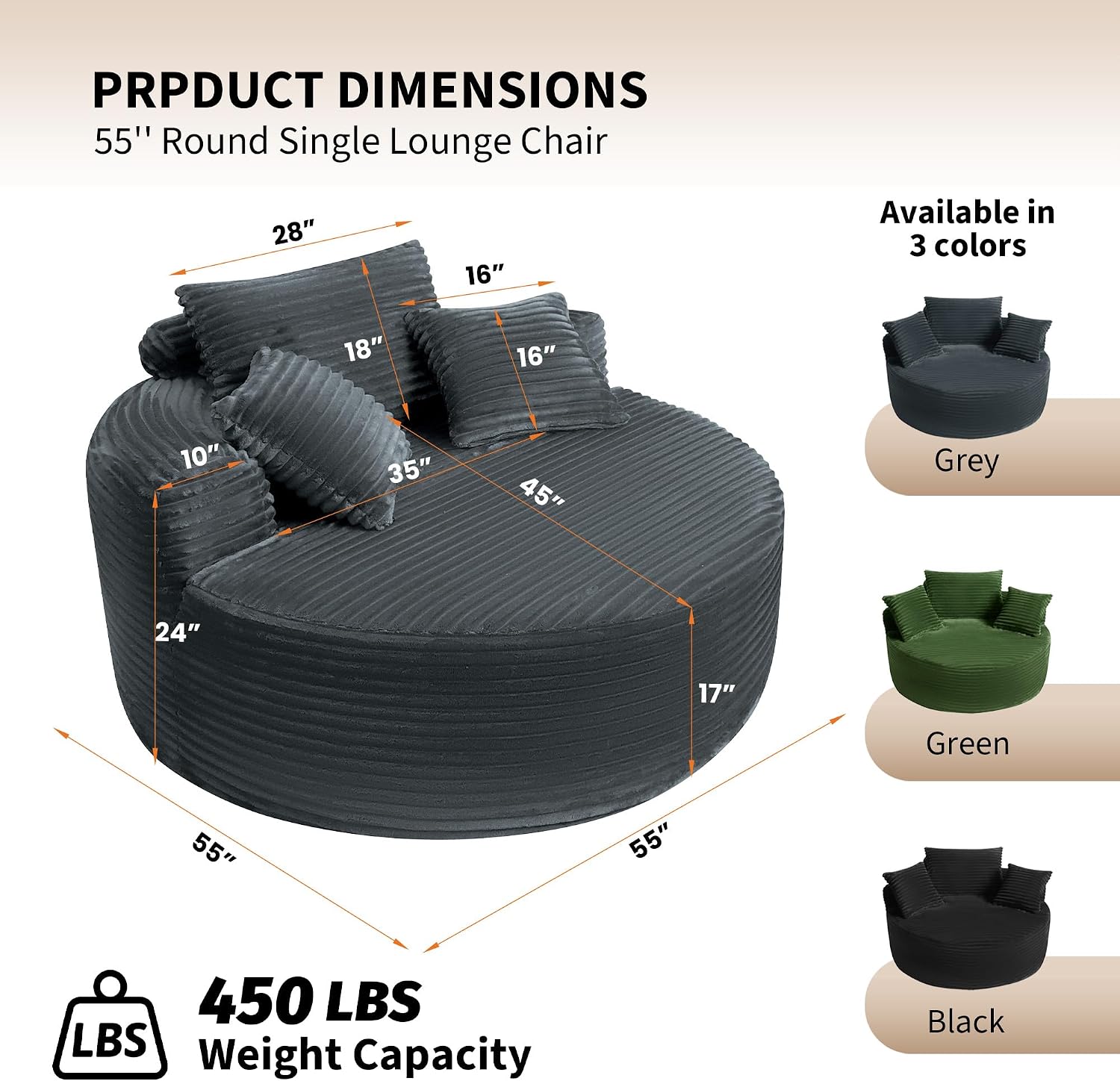 Garvee 55'' Oversized Round Chaise Lounge Chair Indoor, Upholstered Corduroy Cloud Circle Chair with 3 Pillows, Deep Seat Circle Single Cloud Lounge for Living Room, Grey