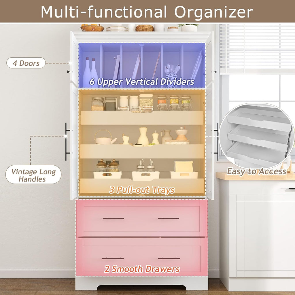 JIJIWANG 72.6" H Farmhouse Freestanding Kitchen Pantry Storage Cabinet with Drawers and Shelves, Buffet with Pull-Out Trays and Cake Pan Storage Organizer White