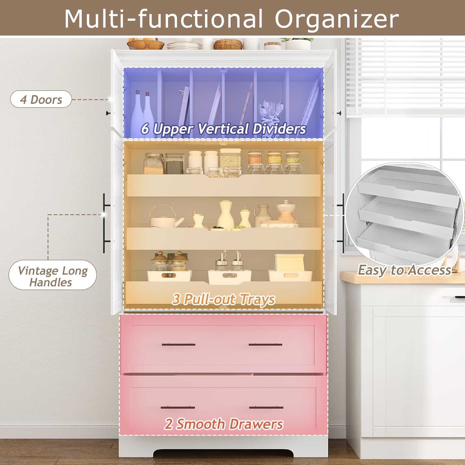 JIJIWANG 72.6" H Farmhouse Freestanding Kitchen Pantry Storage Cabinet with Drawers and Shelves, Buffet with Pull-Out Trays and Cake Pan Storage Organizer White