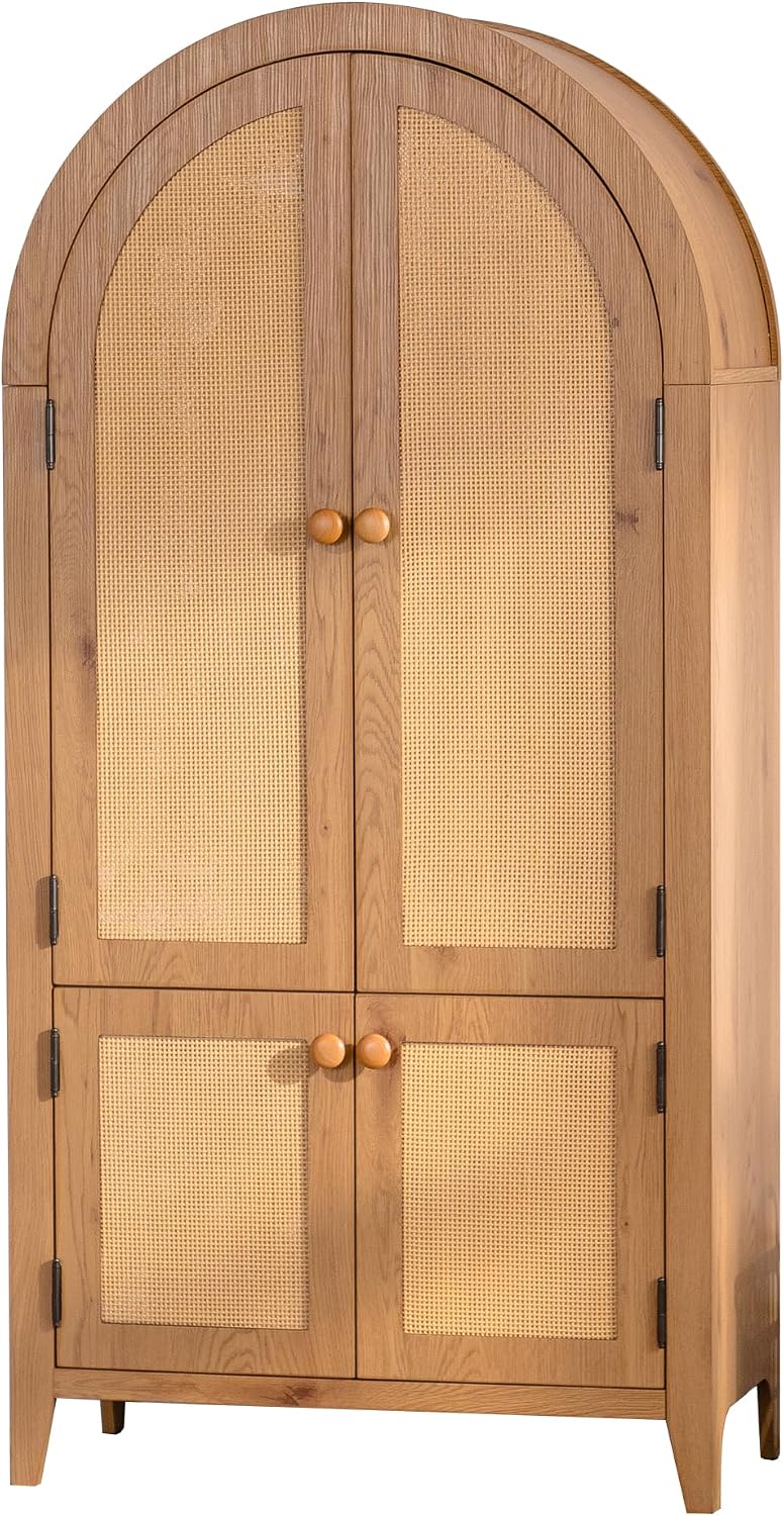 Kitchen Pantry Cabinet, Wooden Sideboard with Rattan Doors, Snacks Wine Accent Hutch Cabinet for Entryway Dining Room, Brown