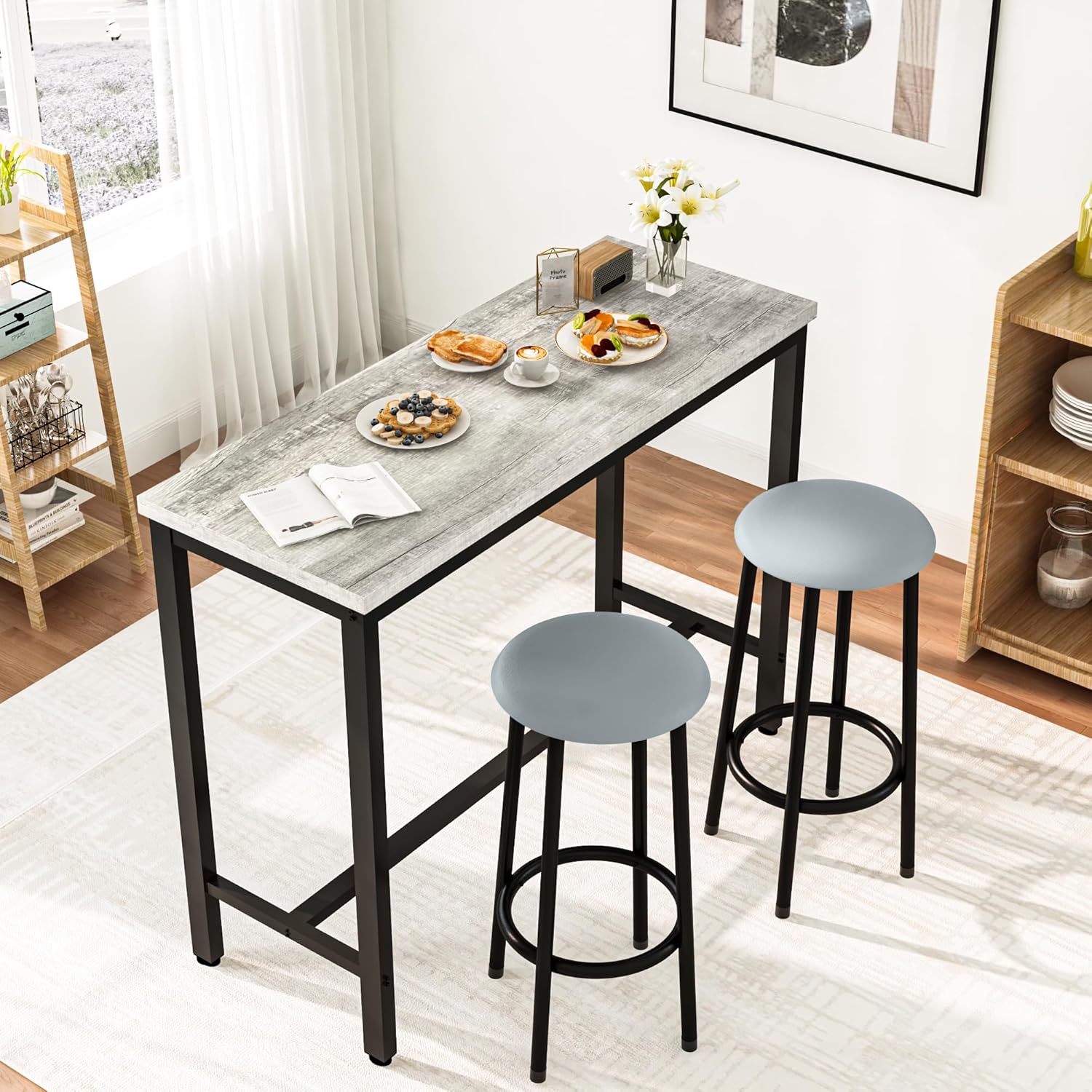 AWQM 39.3" Bar Table Set of 2,Faux Marble Pub Height Table and Chairs Set of 2 with Upholstered Stools,3 Piece Bar Table and Chairs Set Dining Table Set for Living Room,Kitchen,Bar,Grey