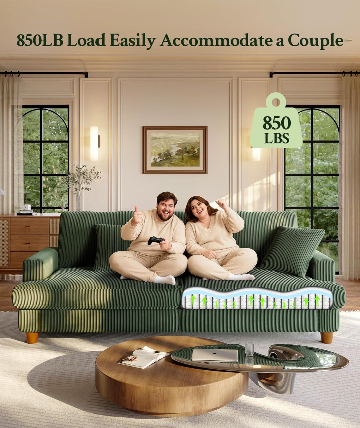 Welzona 87.2" Couches for Living Room, Comfy Green Couch 7.5" Extra Thick Cushion, Sofas for Living Room Tool-Free Setup, Loveseat Sofa 848lbs Support, Corduroy Couch for Bedroom, Apartment, Office