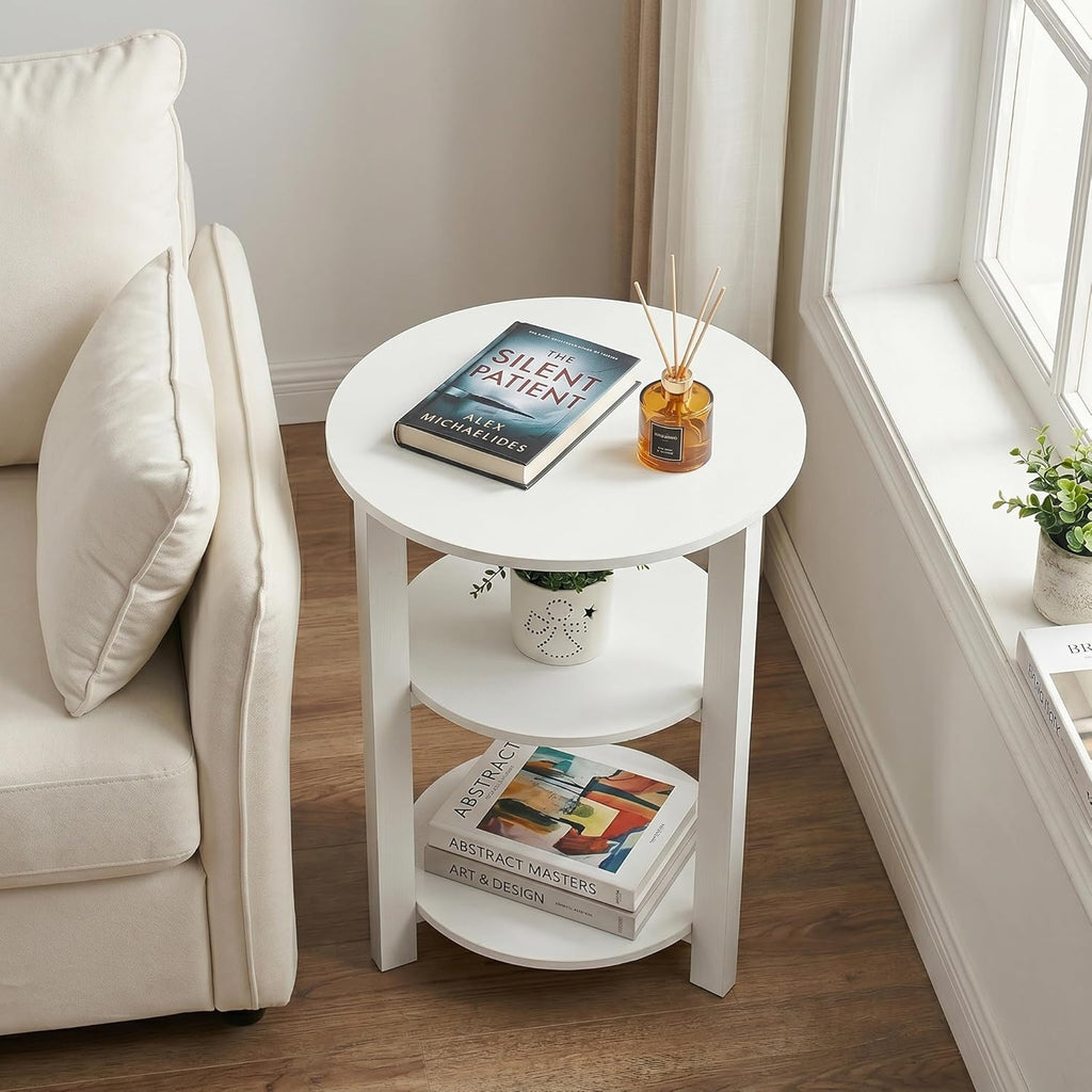 Farmhouse 3-Tier Round Side Table, 17.7 * 21.7inch End Table with Open Storage,Modern Accent Table Circular Nightstand for Living Room, Bedroom, Office,Wooden Table for Narrow and Small Spaces, White