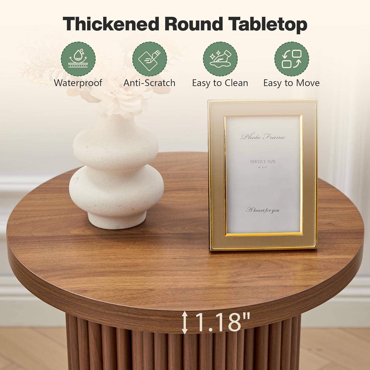 Round Fluted End Table, 17.7'' Mid Century Modern Side Table, Circle Bedside Tables Drink Table Wood Nightstand for Small Spaces, Living Room (Walnut-1PCS)