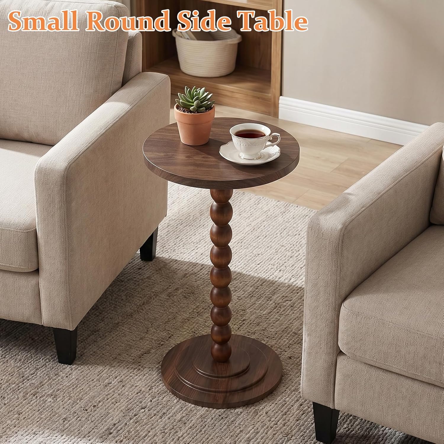 Small Round Side Table, C Table End Tables for Sofa, Sofa Round Tables for Living Room Study and Small Spaces (Walnut)