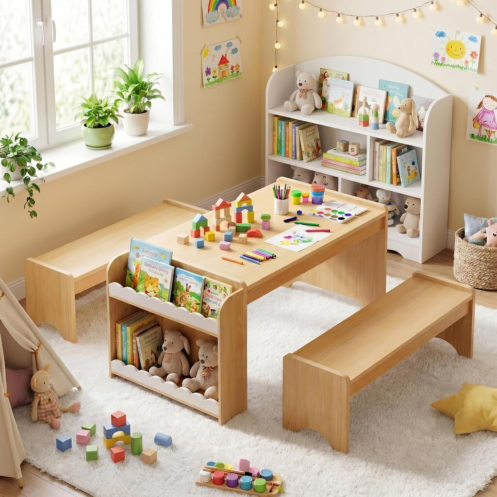 Kids Table and Bench Set, Montessori Kids Table and Chair Set, Indoor Wooden Toddler Activity Table with Bookshelves, 37”X22” Desktop, Children Desk for Home, Classroom, Boys, Girls (Natural)