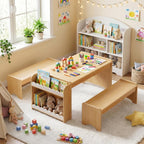 Kids Table and Bench Set, Montessori Kids Table and Chair Set, Indoor Wooden Toddler Activity Table with Bookshelves, 37”X22” Desktop, Children Desk for Home, Classroom, Boys, Girls (Natural)
