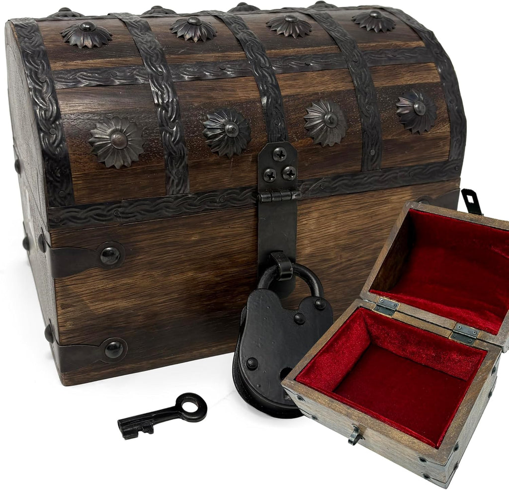 Nautical Cove Wooden Treasure Chest with Padded Velvet Lining and Antique Lock with Skeleton Keys (Small 8x6x6) – Luxury Wood Pirate Chest, Wooden Keepsake Box, Decorative Box with Lid