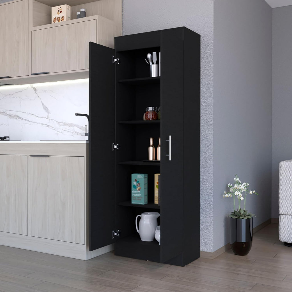 23.6" D*11.9" W*66.8" H Freestanding Kitchen Pantry with 4 Shelves, Double Door, Rectangular Wood Storage Cabinet, Traditional, for Living Room, Dining Room, Black