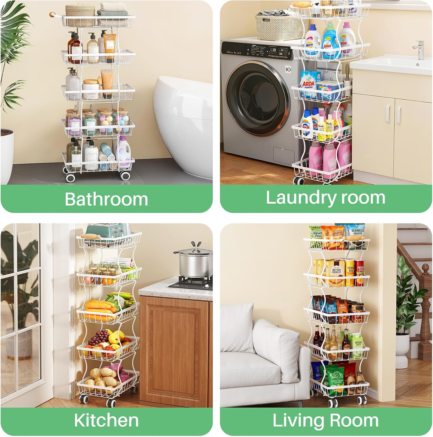 SAYZH Fruit Basket Kitchen Pantry Organizers and Storage - 5 Tier Stackable Metal Wire Basket Stand For Fruit Vegetable Snacks Jars Bins Containers Organization (White, 5 Tiers)