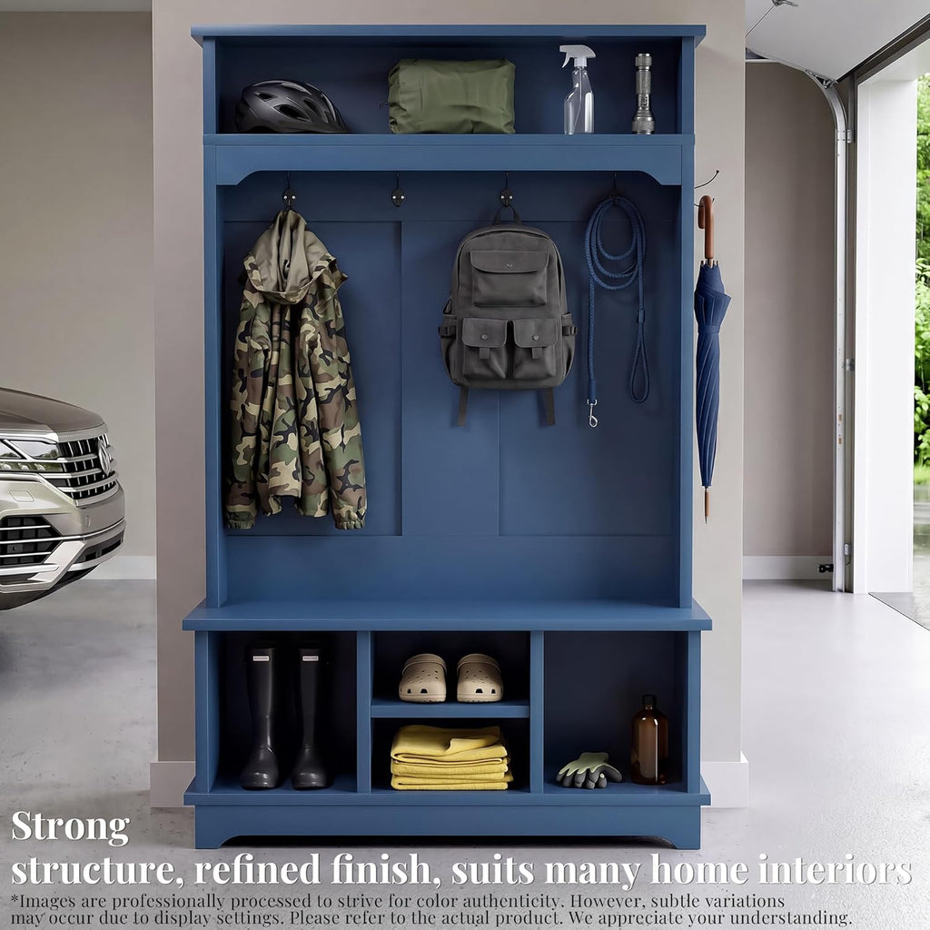 Hall Tree with Bench and Shoe Storage, Entryway Hall Tree, Large Mudroom Bench with Coat and Shoe Rack, 5+ Hooks, Multi Shoe Cubbies & Top Shelf, Sturdy Storage Bench,Blue