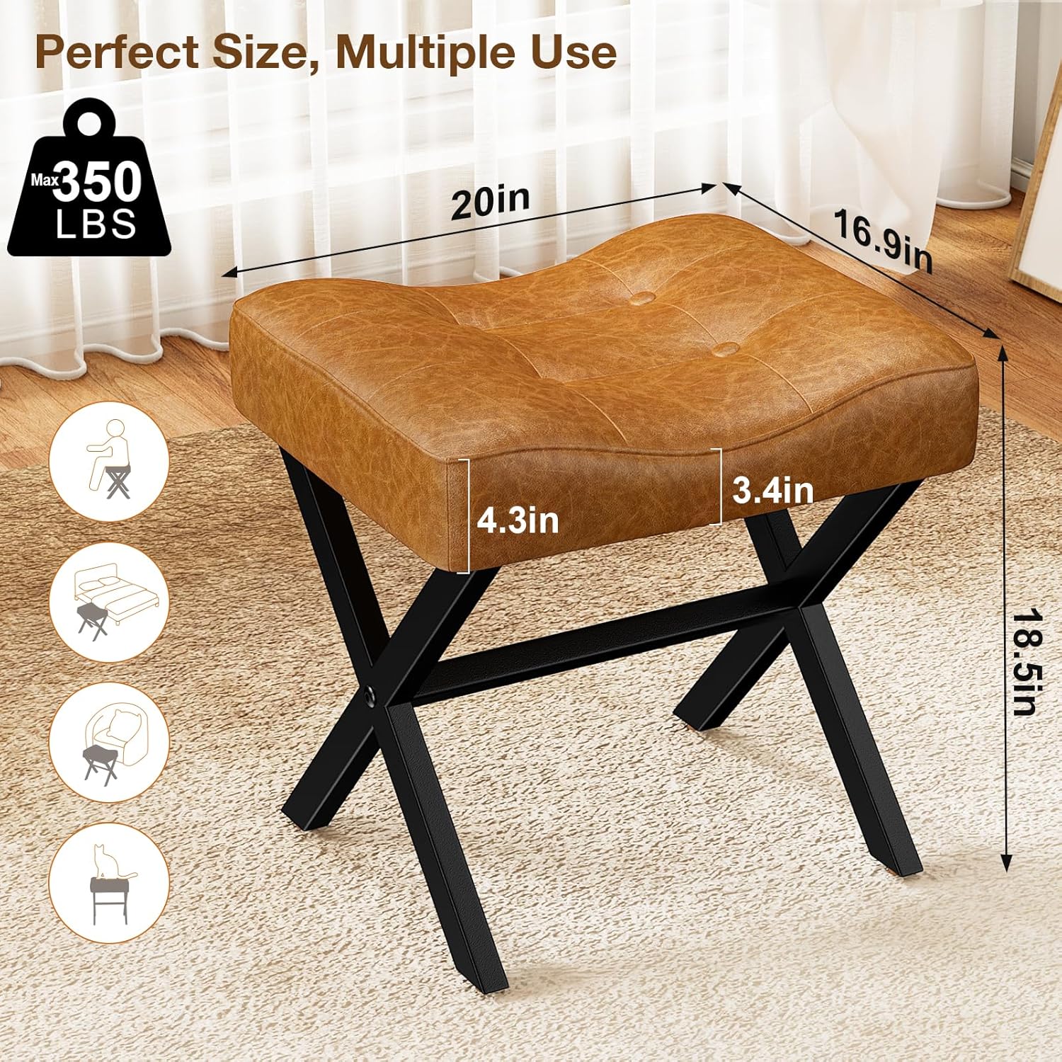 Memobarco 18-Inch Large Leather Vanity Stool, Vanity Chair with Metal X-Leg, Ottoman Accent Stool with Thick Padded Saddle Seat, Brown