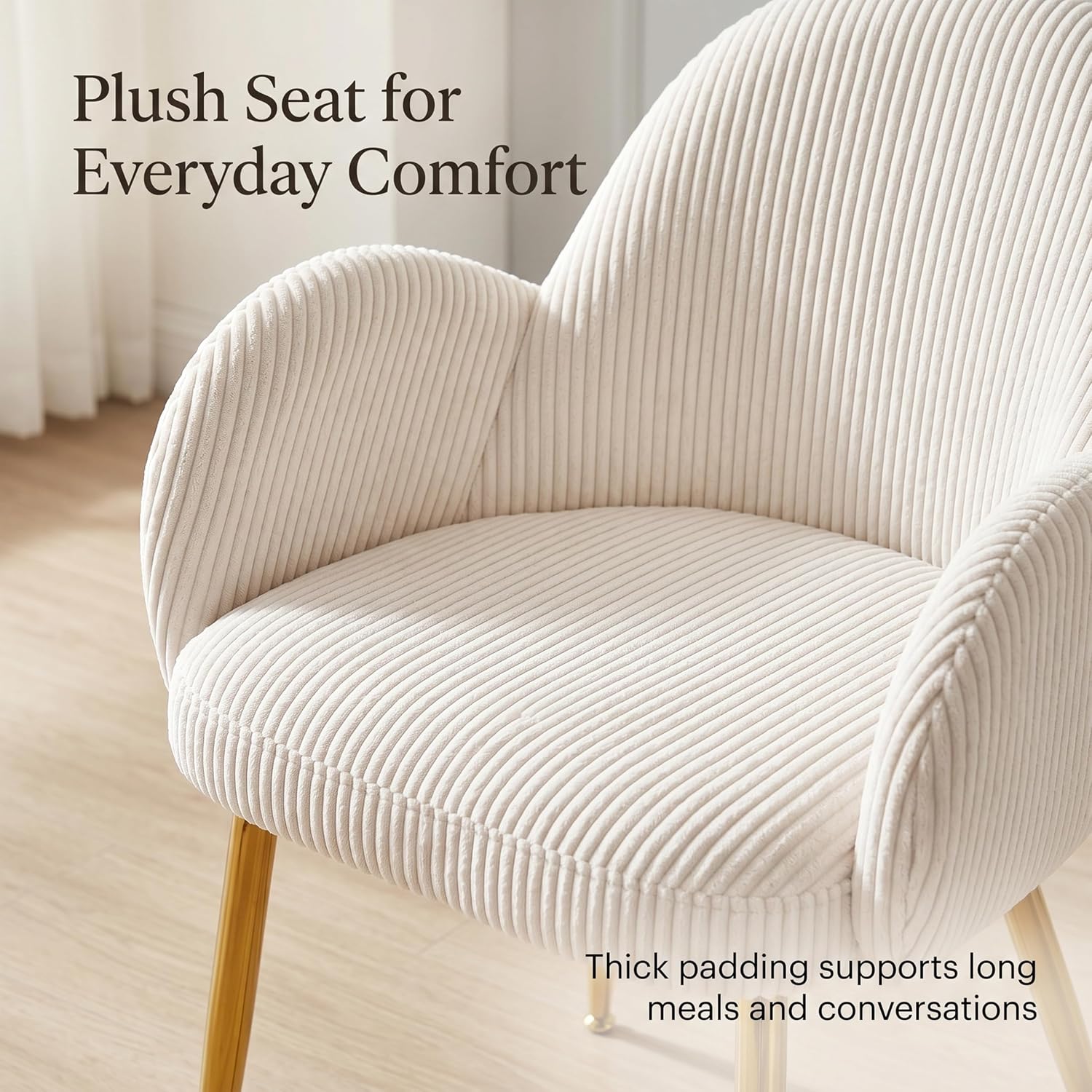 Corduroy Dining Chairs Set of 4, Ergonomic Curved Backrest Armchair with Gold Legs, Elegant Ribbed Upholstery Side Chairs for Glam Living Room & Dining, Cream White