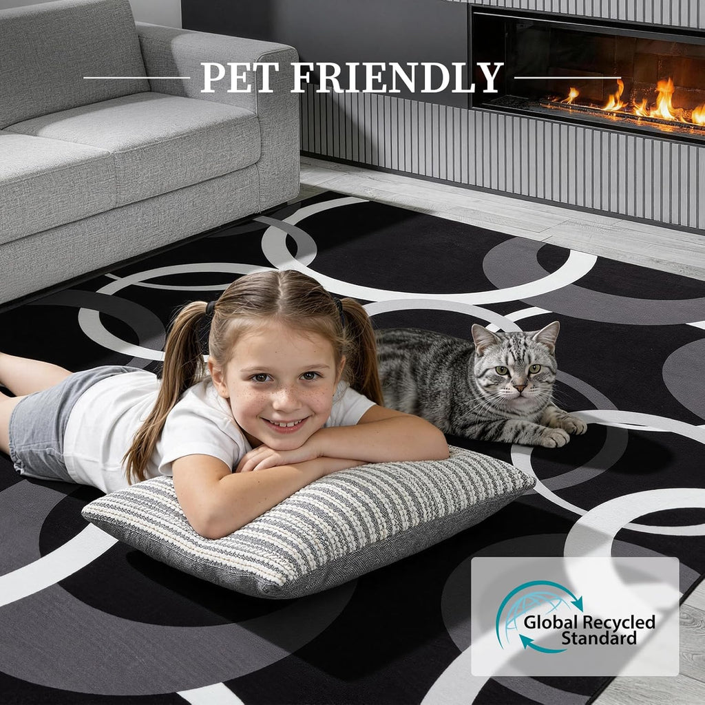 YIHOUSE Washable 5x7 Area Rugs for Living Room, Modern Black and White Rug for Bedroom Non Slip Low Pile, Modern Circle Pattern Carpet for Dining Room Playroom Home Office Decor
