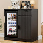 Mini Fridge Cabinet (Fridge Included), Fluted Coffee Bar Cabinet with Refrigerator, Pull Out Drawer & Storage Cabinets, 31.5" Liquor Wine Bar Cabinet for Home, Kitchen, Dining Room, Blac