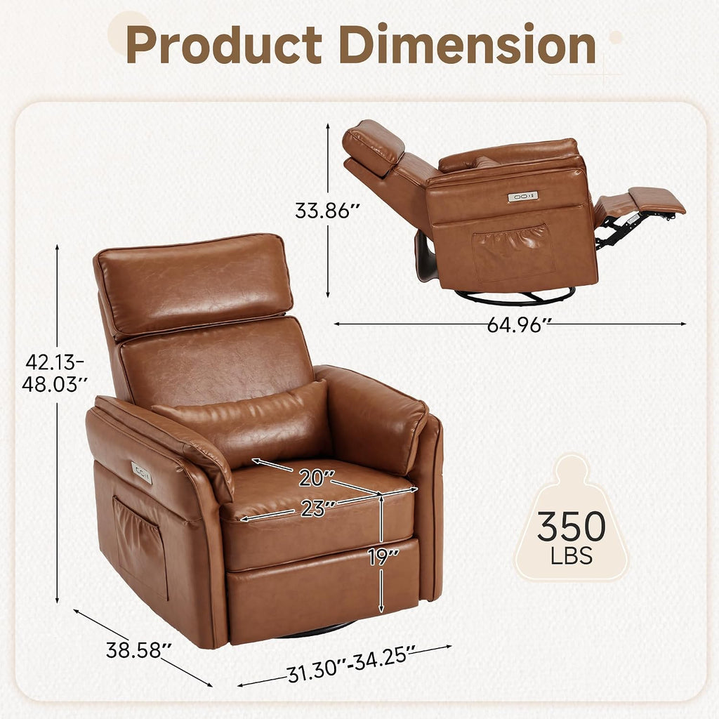 MELLCOM Power Recliner Rocking Chair with Adjustable Arms and Headrest, Swivel Electric Glider Reclining Nursing Chair Nursery Gliders with USB Port and Storage Bags, FSC Certified(Leather, Brown)