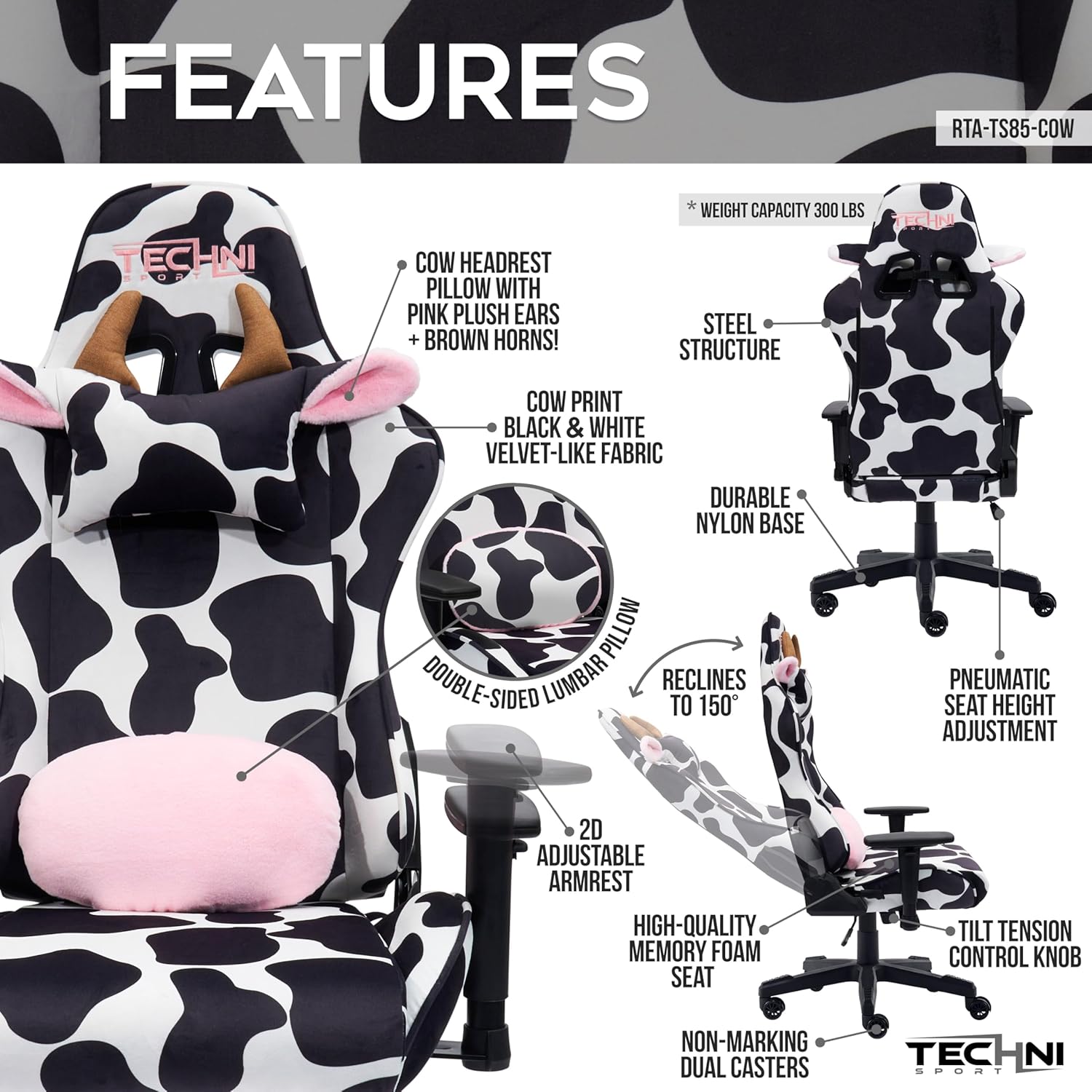 Techni Sport Black Cow Gaming Chair