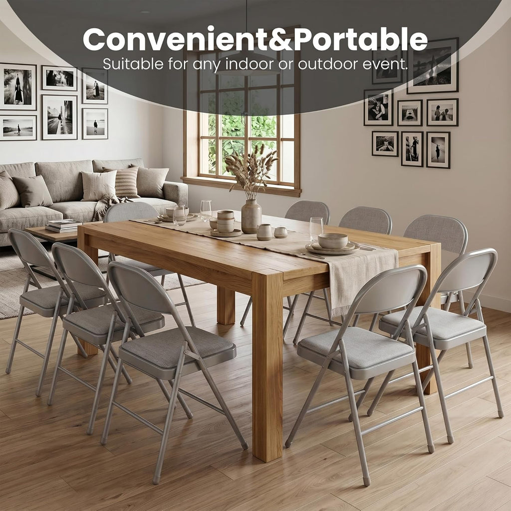 Folding Chairs 10 Pack, Fabric Padded Seat & Back with Heavy Duty Metal Frame, Portable Indoor Outdoor Folding Chair for Dining, Office, Wedding, Party & Events, 350 LBS Capacity,Gray