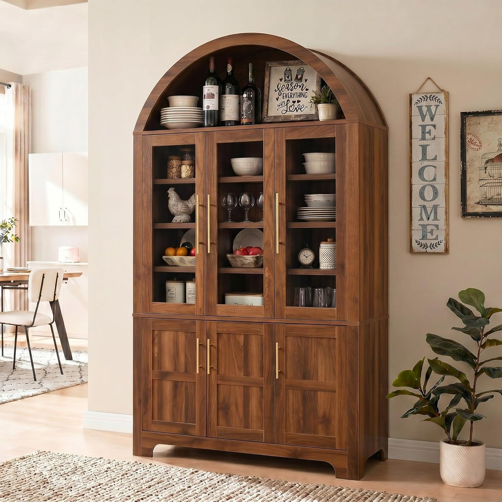 Merax 73" Tall Arched Kitchen Pantry Cabinet, Farmhouse Storage Cabinet with 3 Glass Doors, Adjustable Shelves & Door Racks, Tall Cupboard for Dining Room, Bathroom