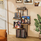 Record Player Stand, Vinyl Record Storage Holder with Display Shelf, Turntable Stand Table with Vinyl Organizer Dividers Album Rack, Vintage Style Record Cabinet Wood, Mid Century Modern Tall Console