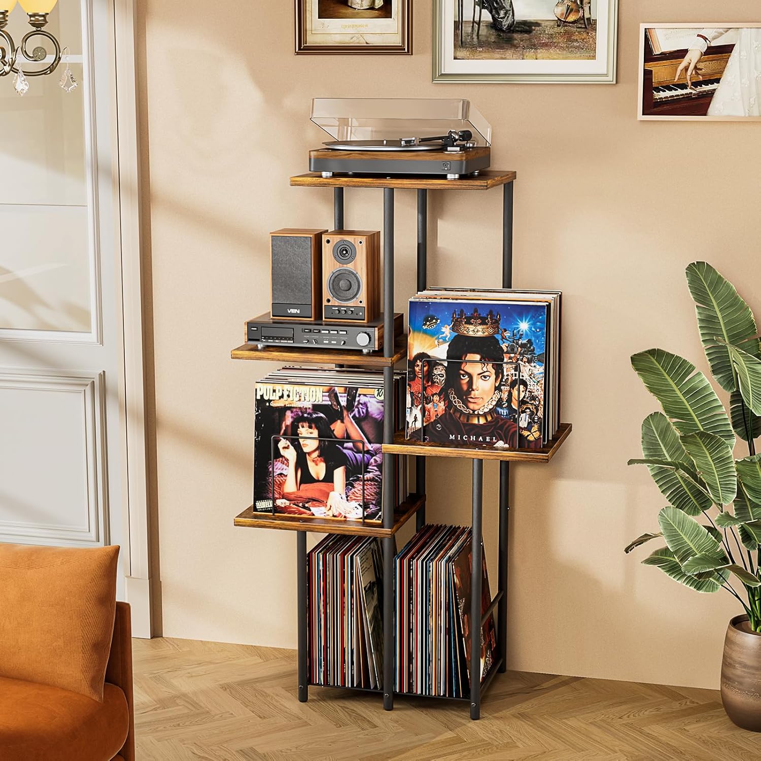 Record Player Stand, Vinyl Record Storage Holder with Display Shelf, Turntable Stand Table with Vinyl Organizer Dividers Album Rack, Vintage Style Record Cabinet Wood, Mid Century Modern Tall Console
