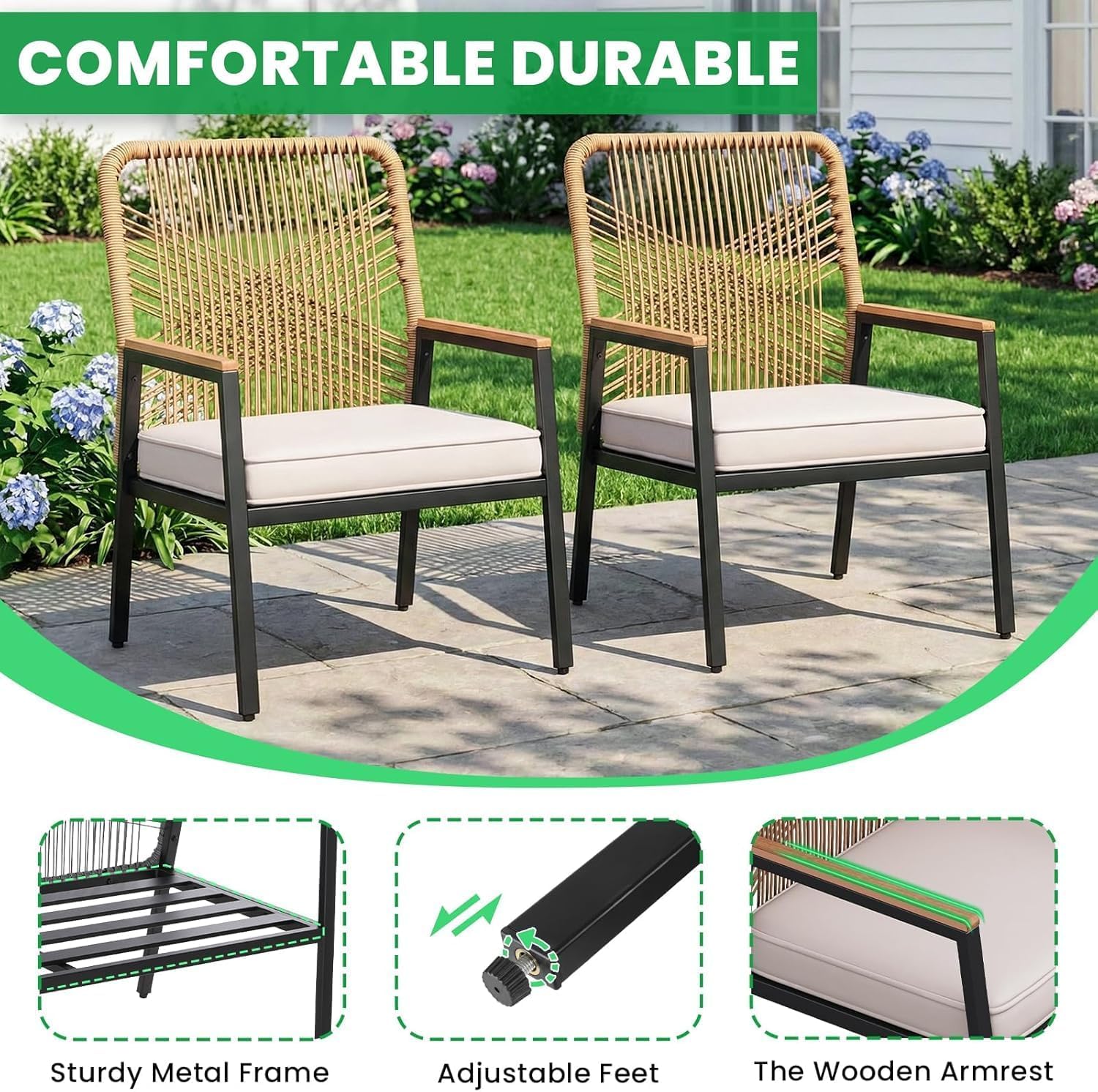 LIFERUN 8-Piece Patio Armchairs Set, Wide Outdoor Rattan Chairs (22in Seat Width) with Ergonomic Curved Backrest, 3.15in Thick Cushions, WPC Armrest, for Balcony, Backyard, Terrace, Beige