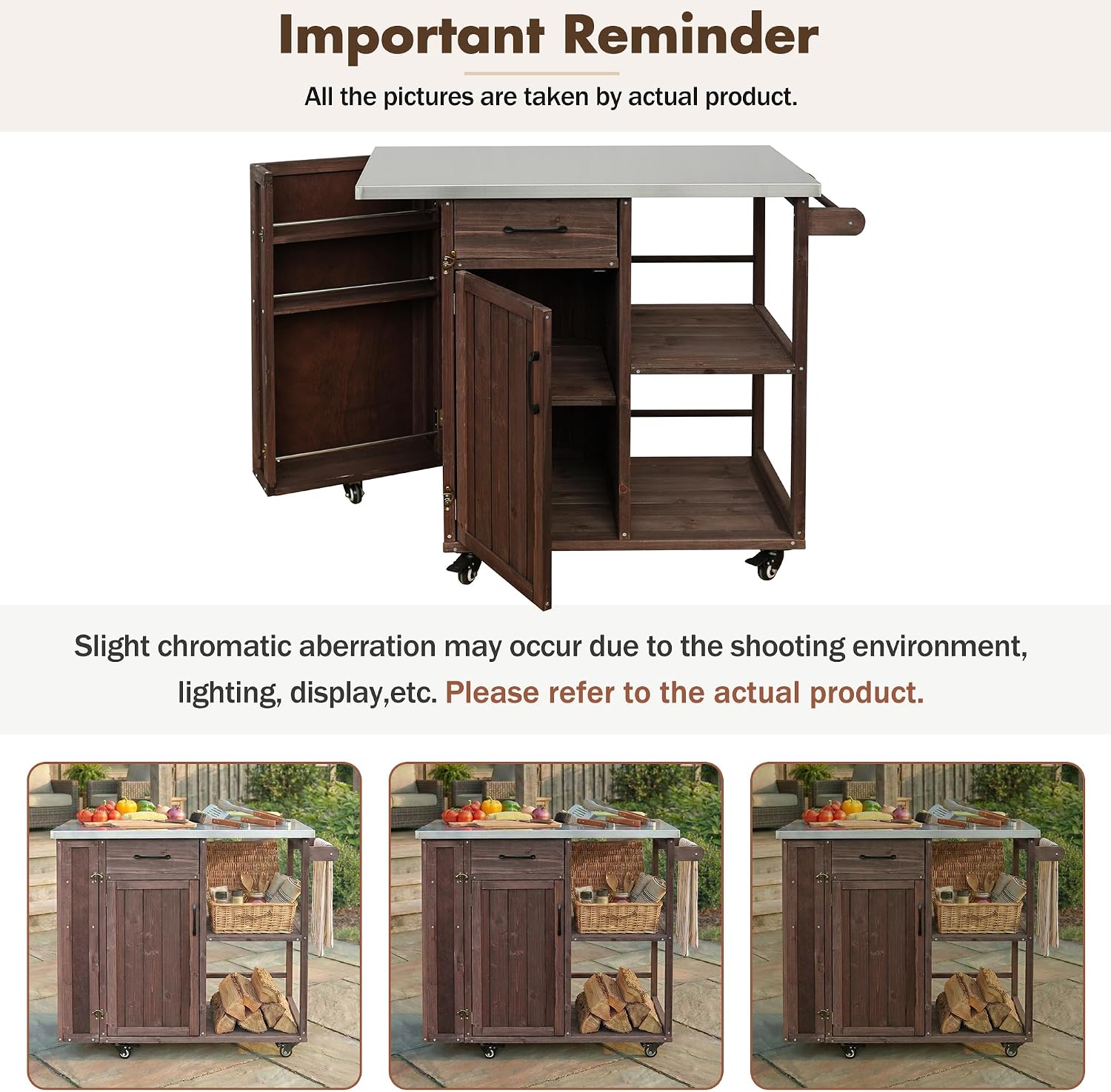 40 Natural Fir Wood Garden Table for Planting, Planter Bench with Stainless Top, Outdoor Storage Cabinets with Lockable Wheels for Backyard Gardening, Dark Brown