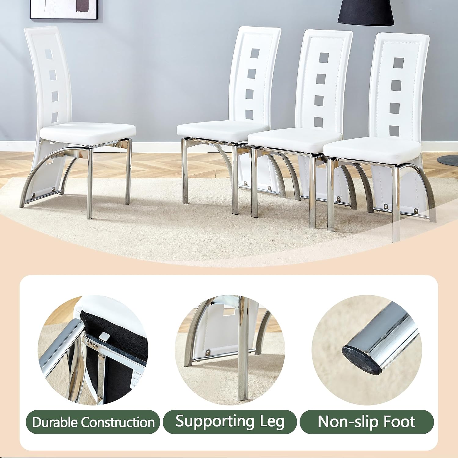 White Dining Chairs Set of 4, Upholstered Kitchen Chairs Set of 4 | Faux Leather Cushion and Metal Legs, Modern Dining Room Chair for Restaurant Kitchen