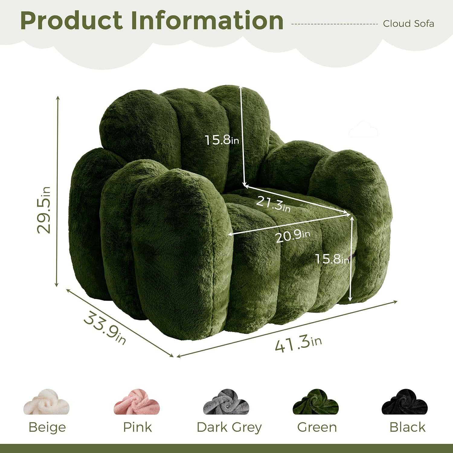 MAXYOYO Bean Bag Chair, Cloud Shaped Bean Bag Sofa for Adults, Soft Stuffed Lazy Floor Sofa with Supportive Filling, Comfy Single Couch for Living Room, Bedroom, Apartment, Green