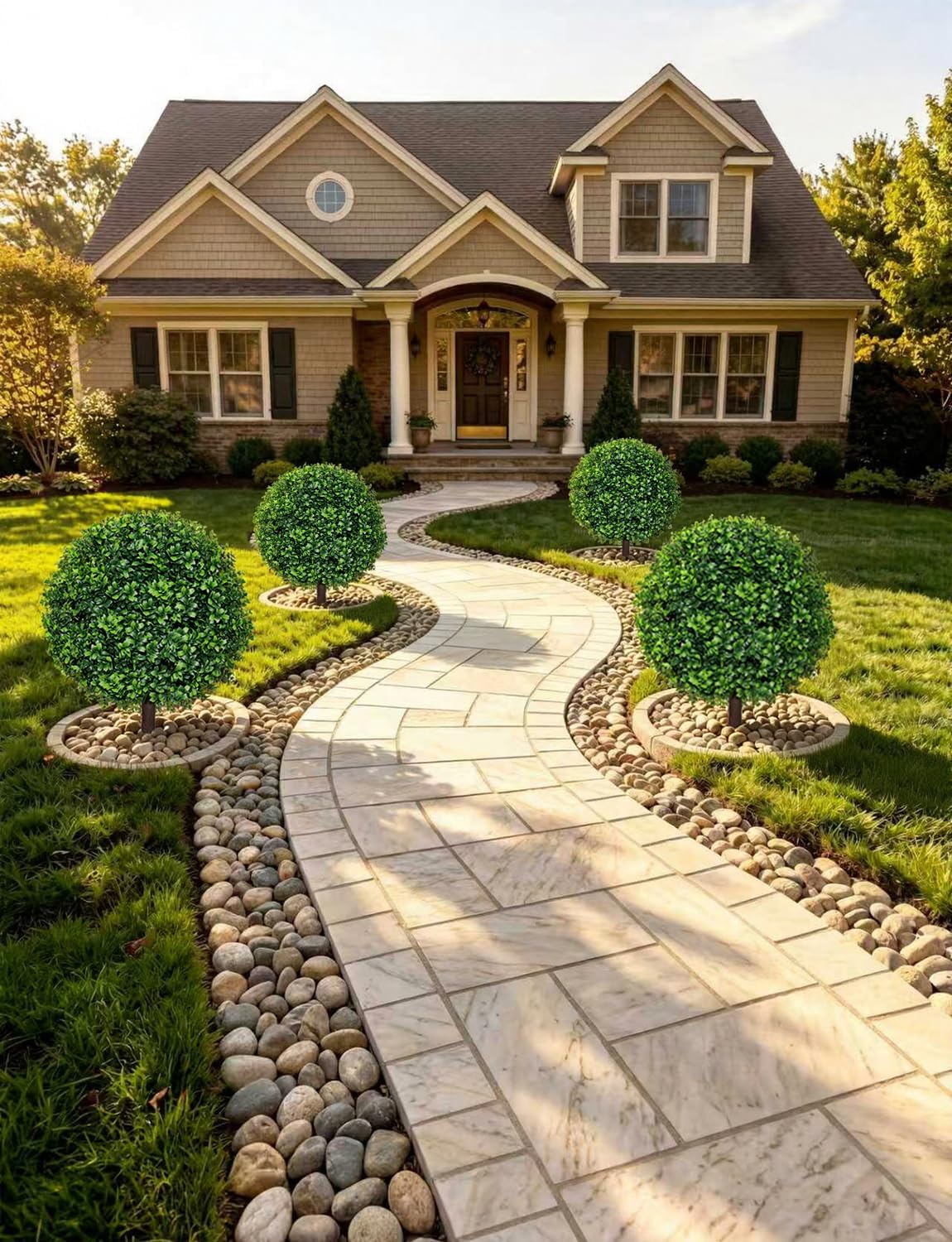 27.5" Artificial Boxwood Topiary Ball Trees for Outdoor with Round Spike, Set of 2 UV Resistant Fake Bushes Artificial Outdoor Shrubs for Front Porch Planters, Weatherproof Faux Greenery Plants Decor