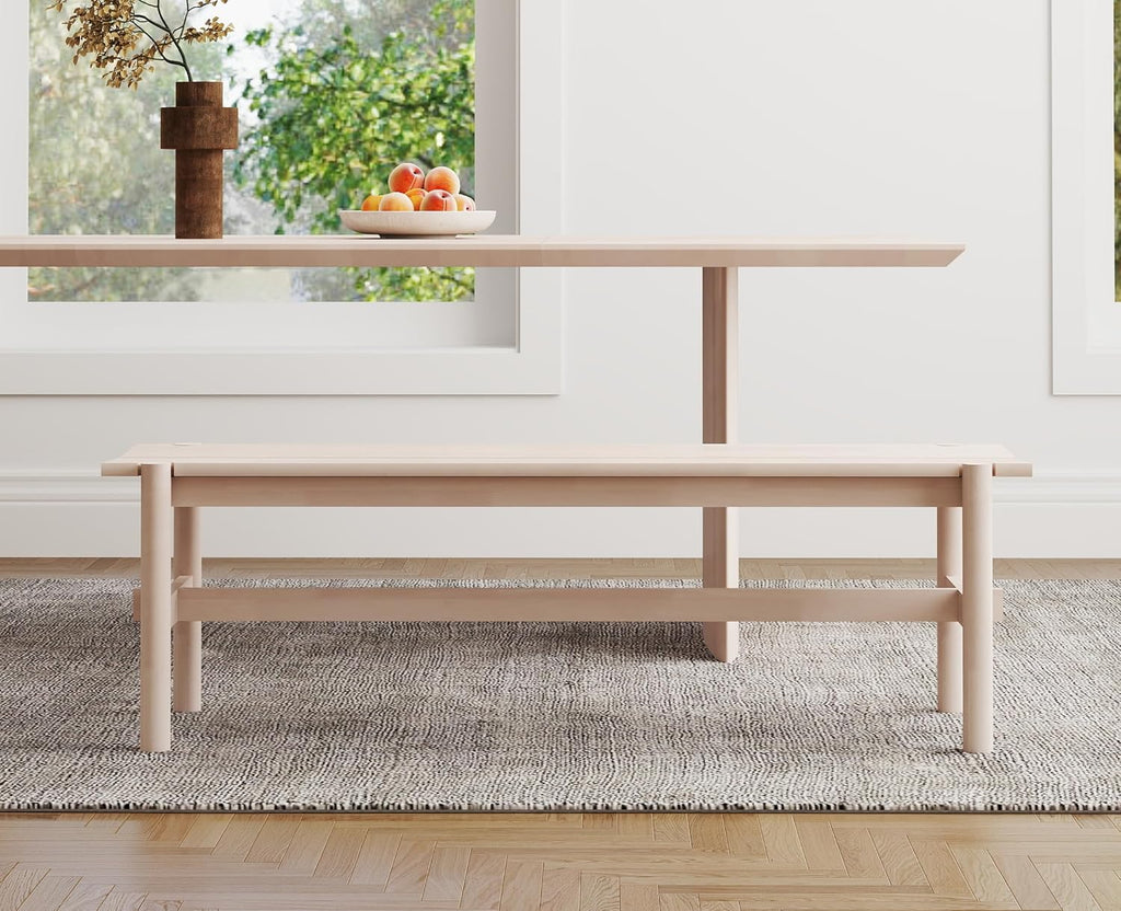 EALSON Solid Wood Bench Modern Farmhouse Entryway Bench 55” Long Dining Benches Seat End of Bed Benches for Bedroom, Kitchen, Hallway, Living Room, White Wash