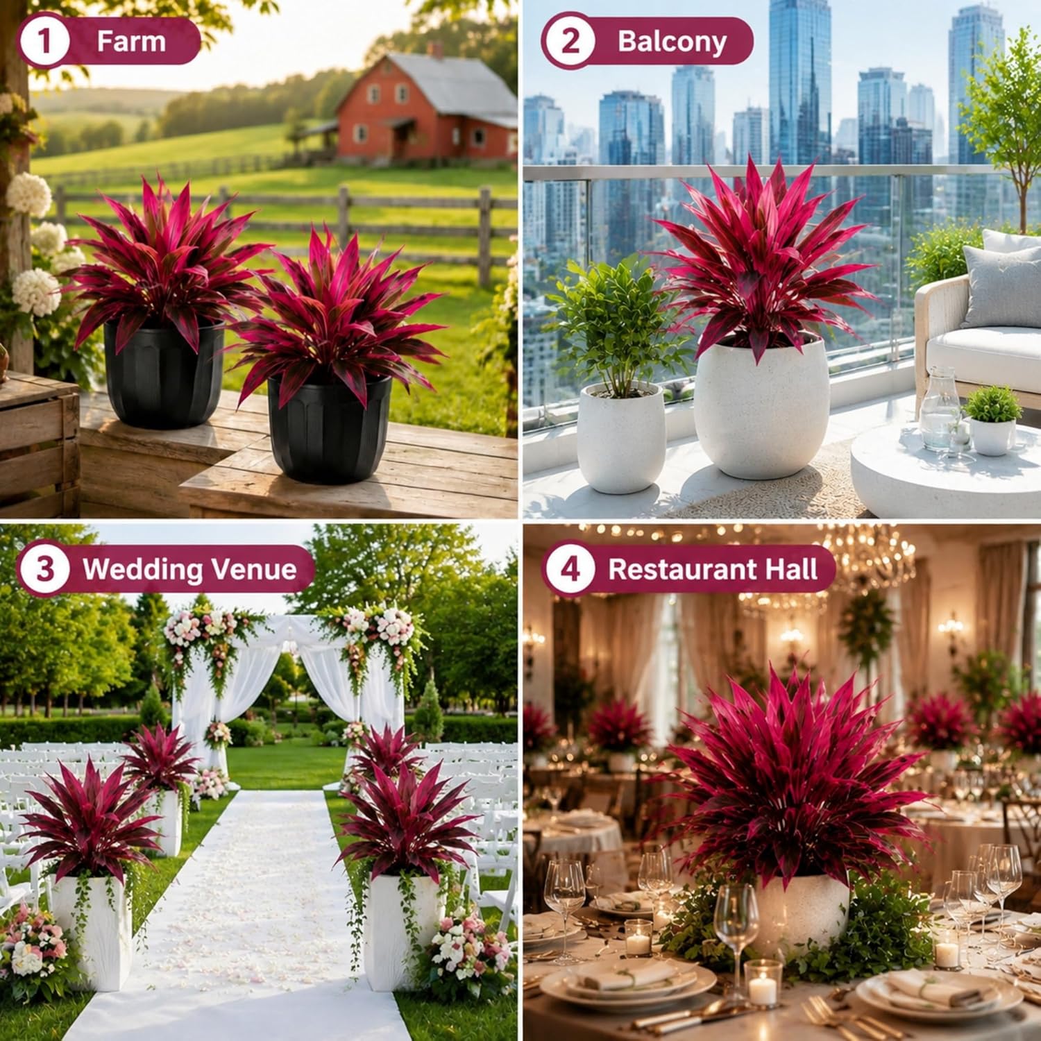 Large Realistic Artificial Boston Fern & Dragon's Blood Tree Artificial Turf UV Resistant Red Fern Ti Plants Vibrant Pink & Purple Faux Foliage Faux Fake Ferns Shrubs Outdoor Garden Decor
