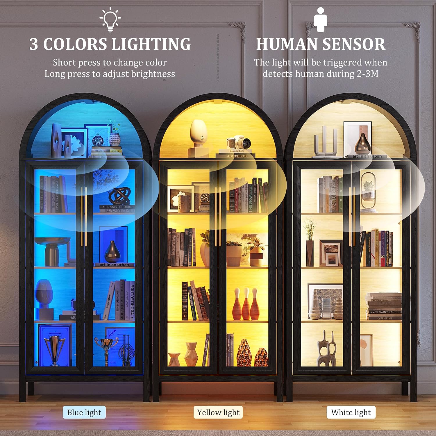 Dystler Display Cabinet with Glass Doors, 5-Tier Tall Curio Cabinet with LED Lights Display Case for Collectibles, Black