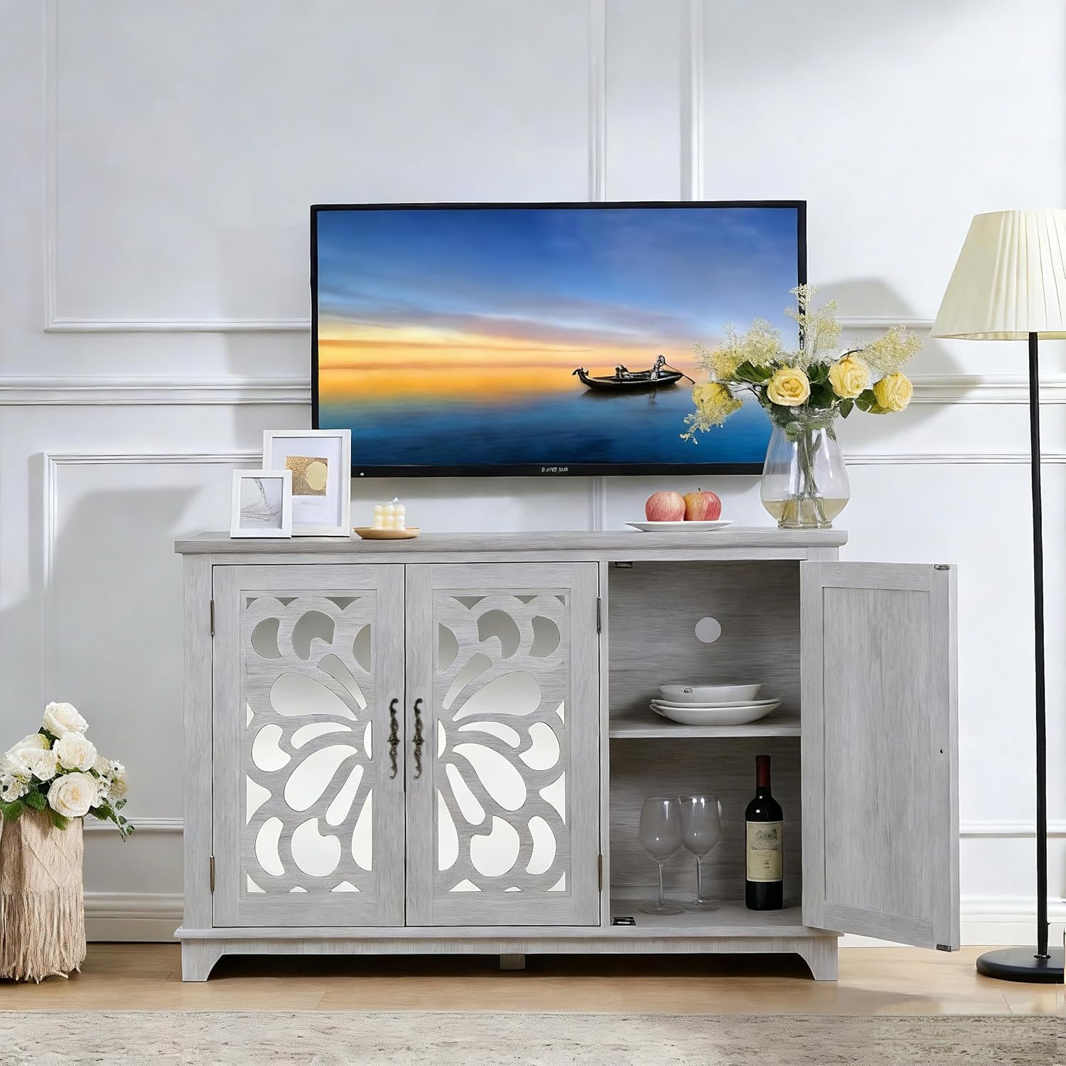 GDFStudio 49" Modern Buffet Sideboard Cabinet, Storage Cabinet with 3 Acrylic Mirrored Doors, Freestanding Credenza Buffet for Living Room Dining Room Kitchen, Large Countertop Coffee Bar, Light Gray