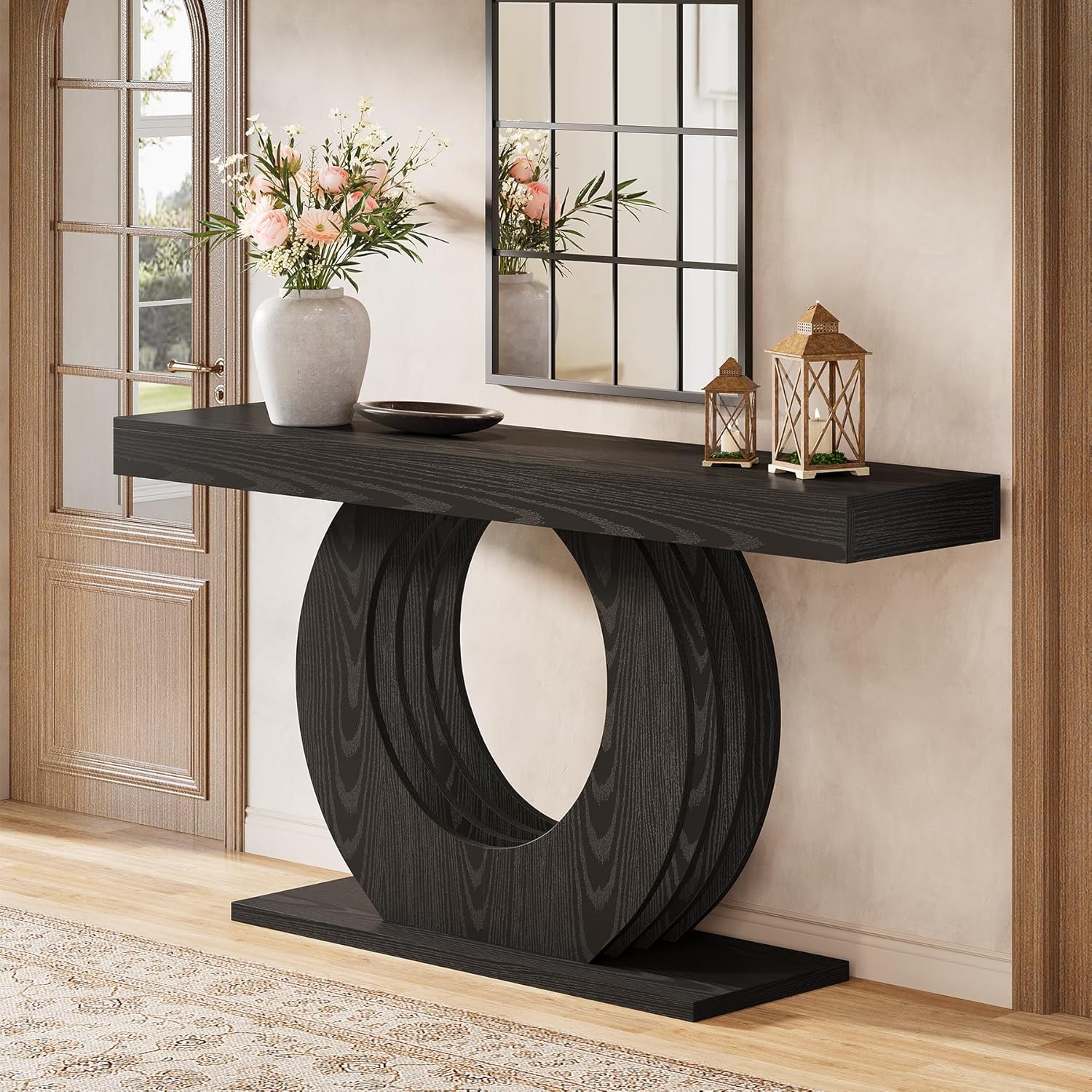 Tribesigns 63-Inch Console Sofa Table, Rustic Industrial Farmhouse Entryway Table, Narrow Long Couch Console Behind Sofa with Black Circle Base for Living Room Hallway, Black