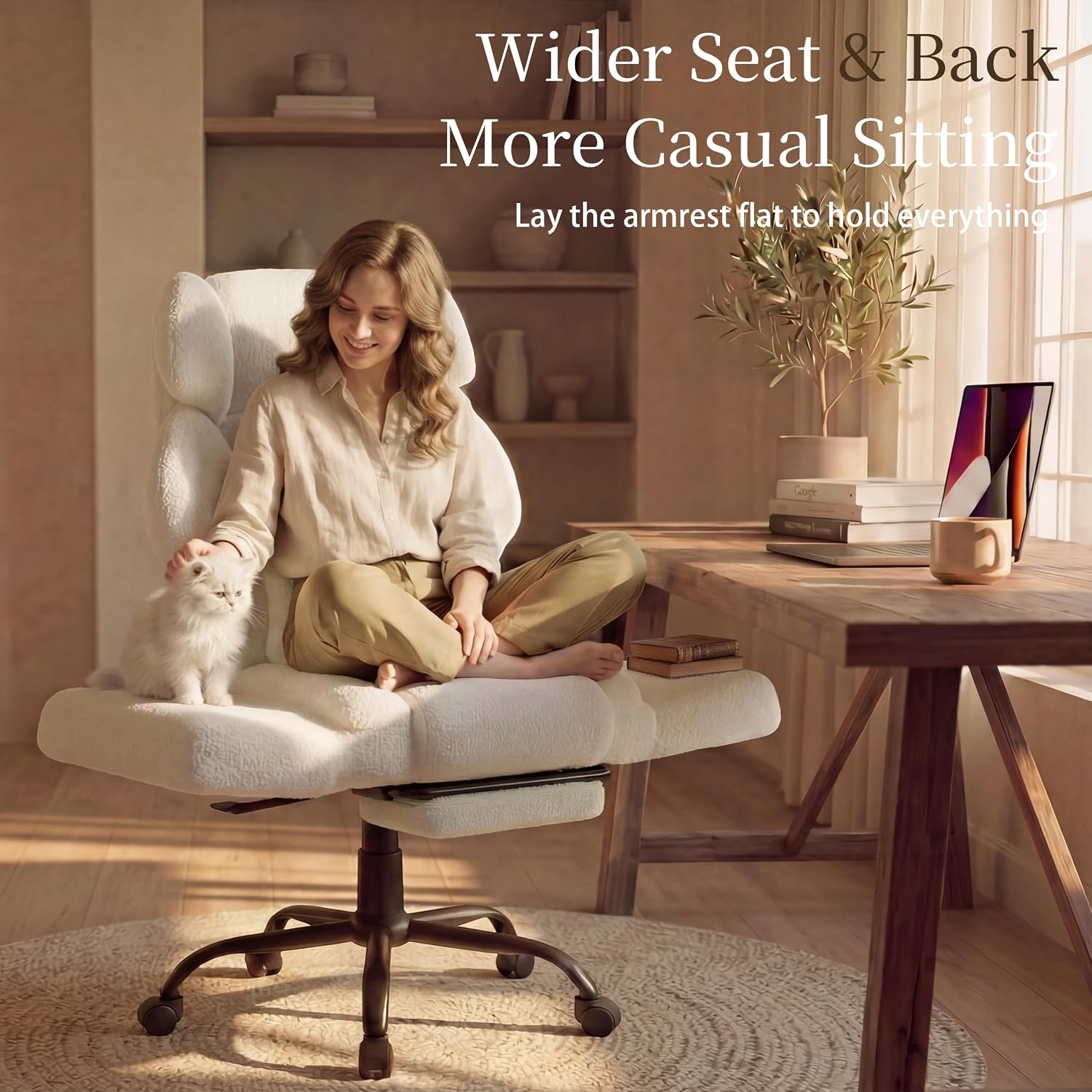 Office Chair with Flip Armrests,Big and Tall Office Chair with Foot Rest,Extra Wide Seat & Lumbar Pillow,Ergonomic Computer Gaming Chair,Comfy Criss Cross Chair for Pets Sitting,Teddy Fleece,White