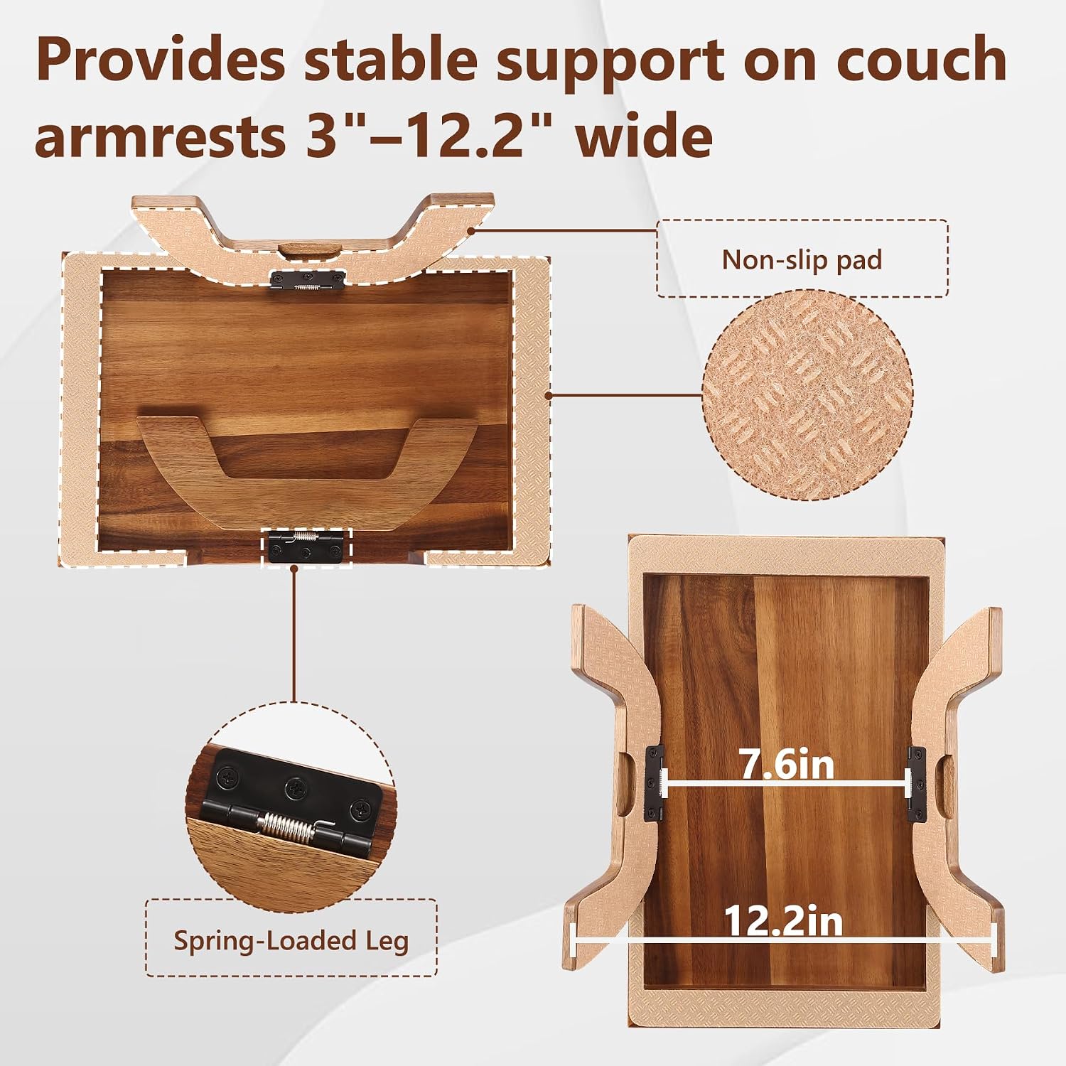Couch Arm Table with Dual Cup Holders, Acacia Wood Sofa Arm Tray | Fits armless sofas & sectionals, foldable tray for drinks, snacks & remotes, storage slots for neat organization,15.35"x9.85"