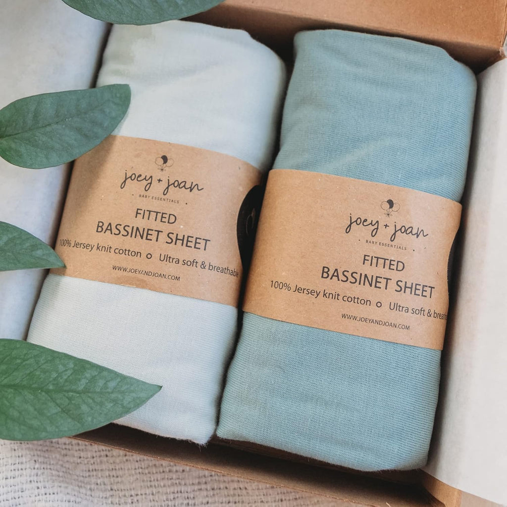 Joey + Joan Bassinet Fitted Sheets for Nestig Mini Crib, Graco Travel Lite Crib & Bassinets, Guava Bassinet 20x30 Inch – 100% Jersey Cotton Fitted Sheets – Light + Dark Sage Green – 2 Pack