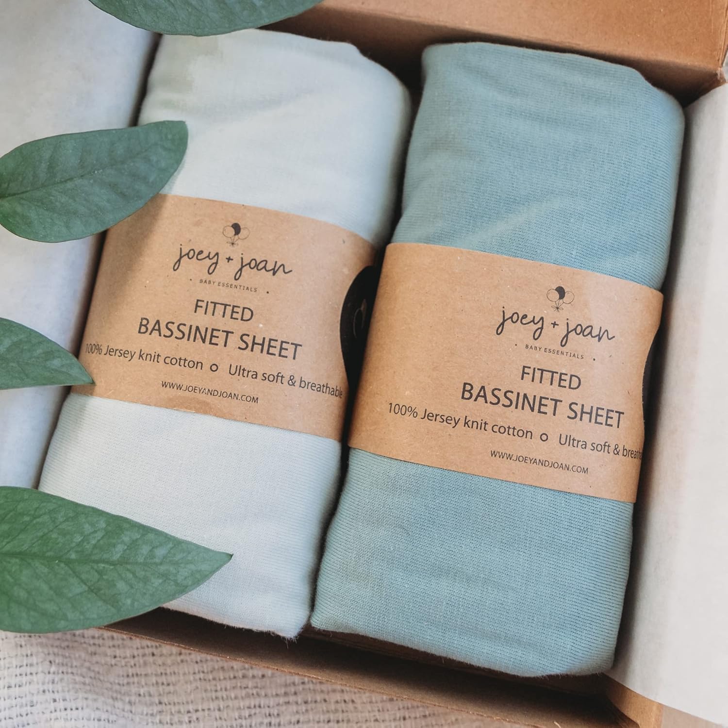 Joey + Joan Bassinet Fitted Sheets for Nestig Mini Crib, Graco Travel Lite Crib & Bassinets, Guava Bassinet 20x30 Inch – 100% Jersey Cotton Fitted Sheets – Light + Dark Sage Green – 2 Pack