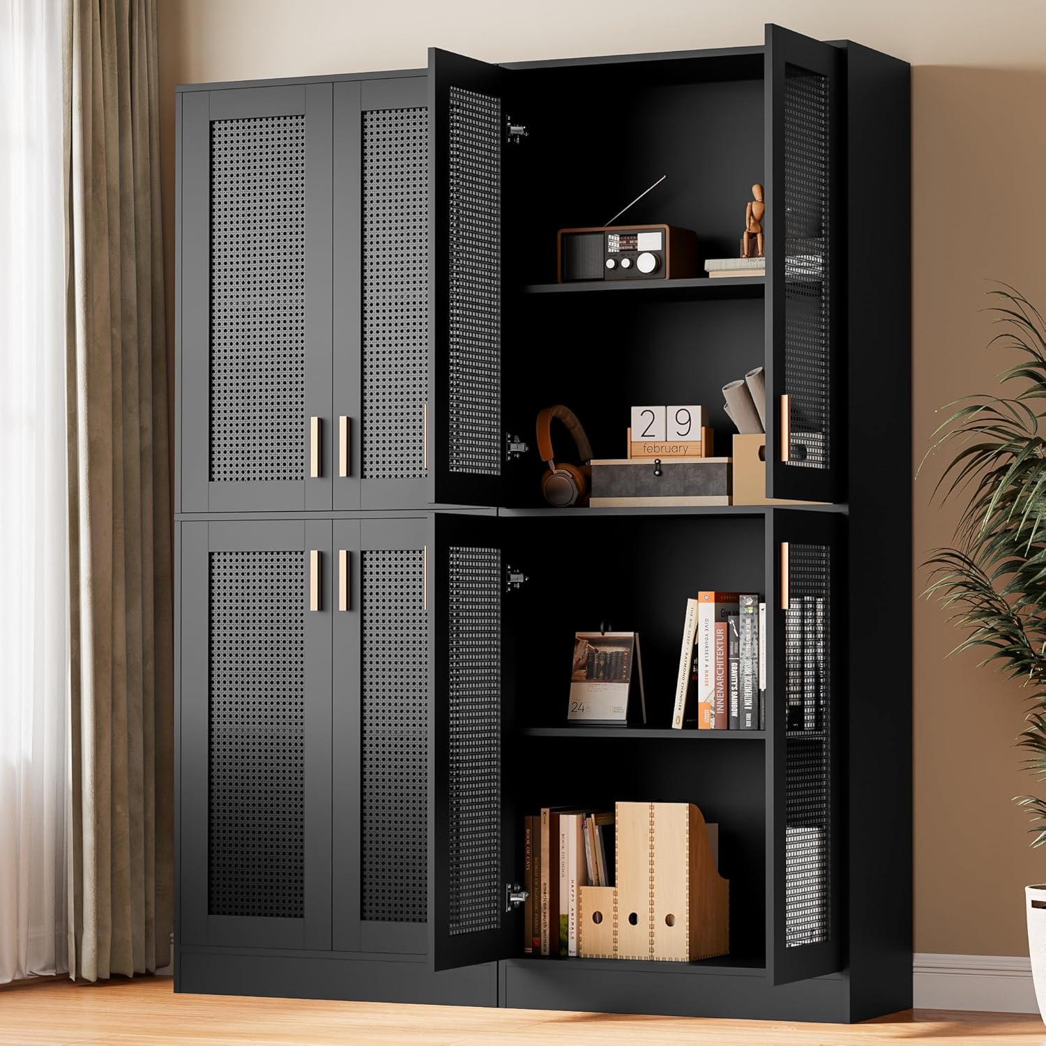 Cozy Castle Kitchen Pantry Cabinet, 71" Tall Rattan Doors Storage Cabinet and Adjustable Shelves, Modern Farmhouse Wood Cupboard Utility Hutch for Kitchen, Dining Room, Living Room (Black)
