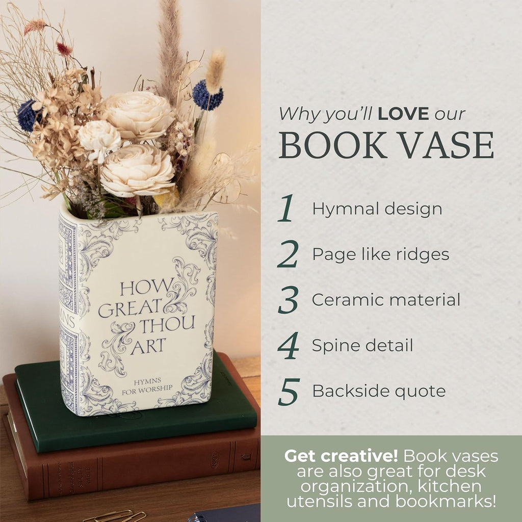 Steel Mill & Co Original Book-Shaped Decorative Vase, Ceramic Vases for Home Decor, Cute Christian Bookshelf Decor, Unique Vase for Book Lovers (Large - Hymnal)