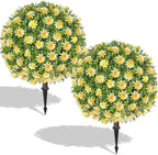 26" Artificial Yellow Boxwood Topiary Ball Tree with Ground Spike, Set of 2 Fake Fall Boxwood Bushes Shrubs Outdoor, UV Resistant Faux Greenery Trees Ball for Outdoor Front Porch Garden Decor