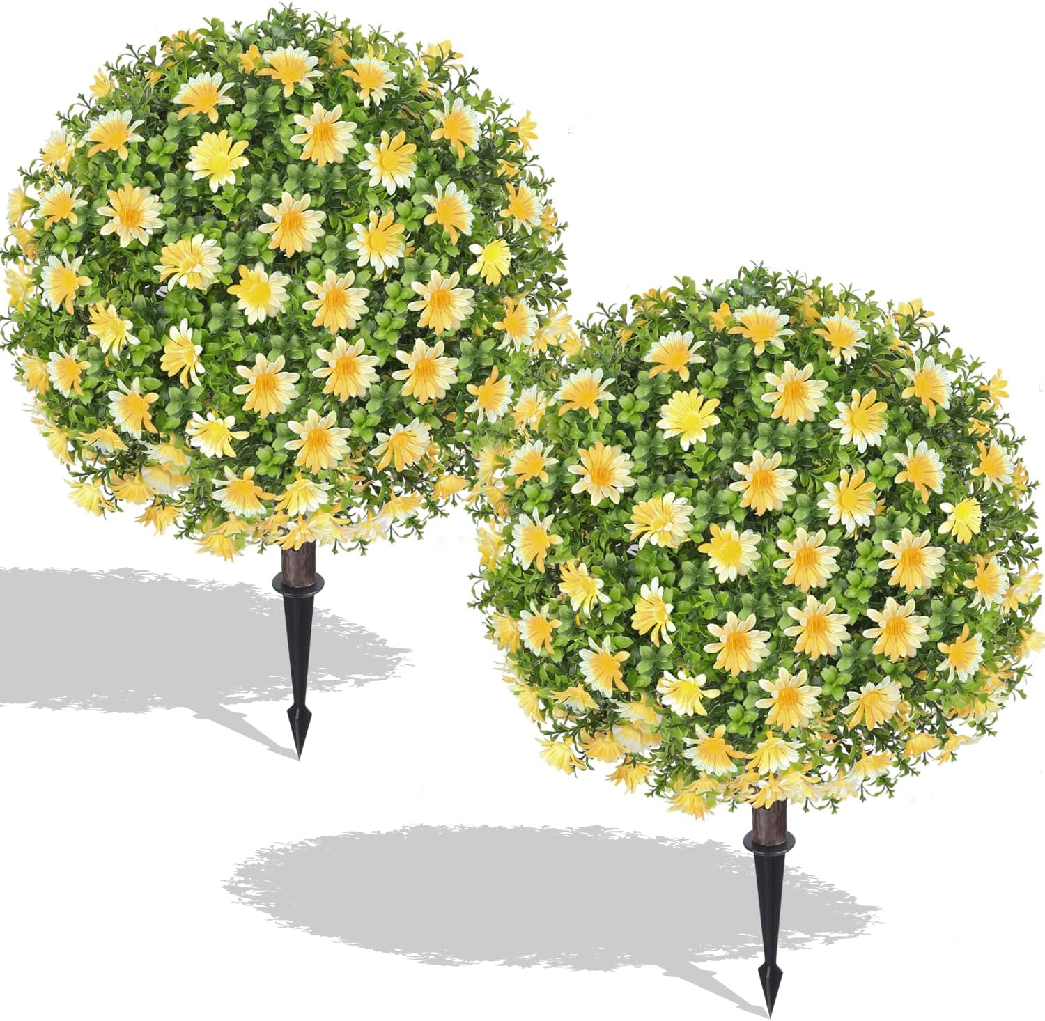 26" Artificial Yellow Boxwood Topiary Ball Tree with Ground Spike, Set of 2 Fake Fall Boxwood Bushes Shrubs Outdoor, UV Resistant Faux Greenery Trees Ball for Outdoor Front Porch Garden Decor