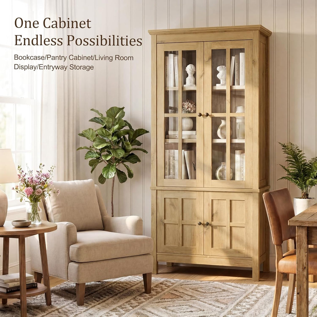 Farmhouse 63" Kitchen Pantry Storage Cabinet with Glass Doors & Hidden Storage, Display Kitchen Hutch Cupboard with Adjustable Shelves for Dining Room, Living Room Home Office