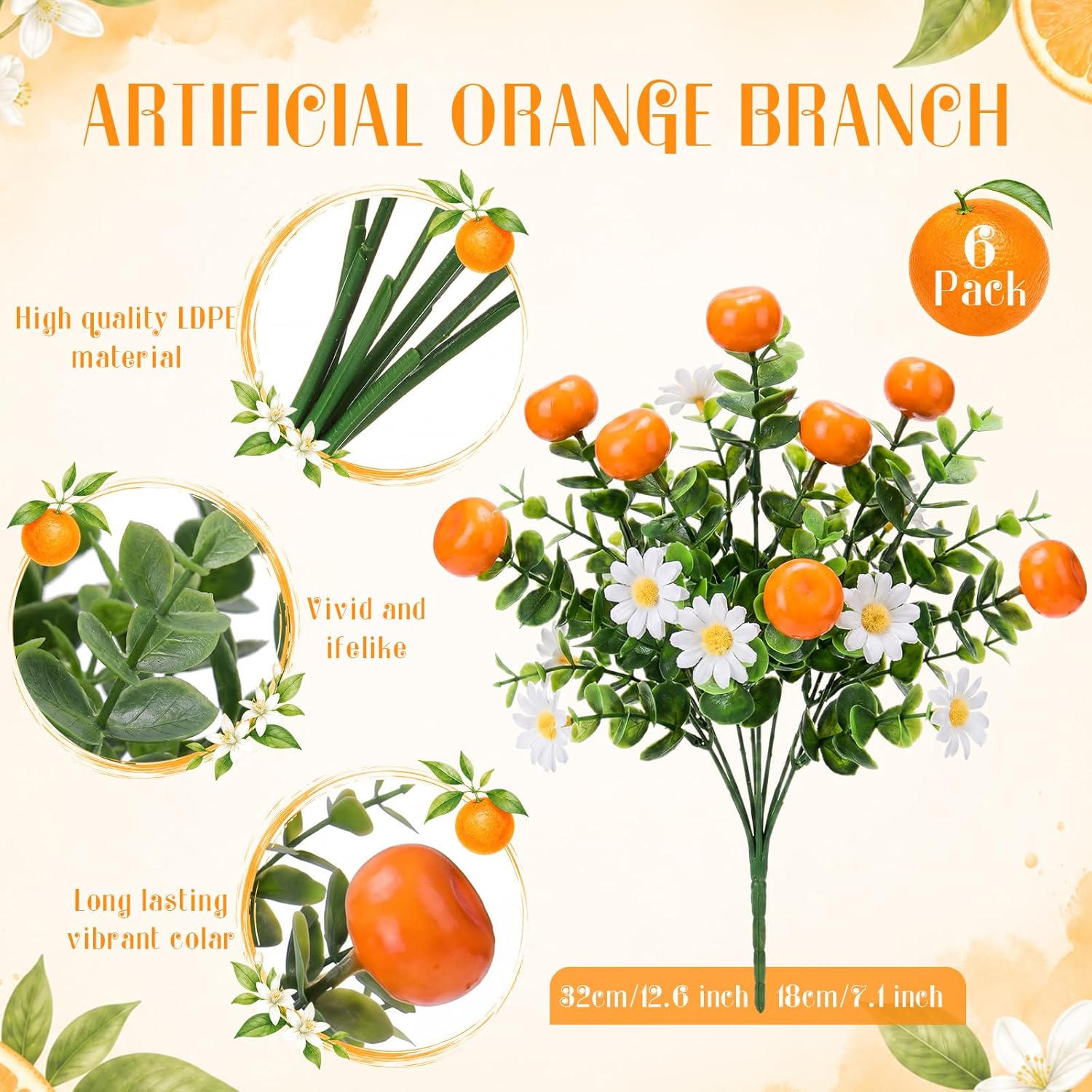 Tigeen 6 Pack Orange for Decoration Fake Orange Branches Artificial Vivid Faux Fruit Tables Centerpiece for Kitchen Stem Fruits for Home Spring Summer Decor