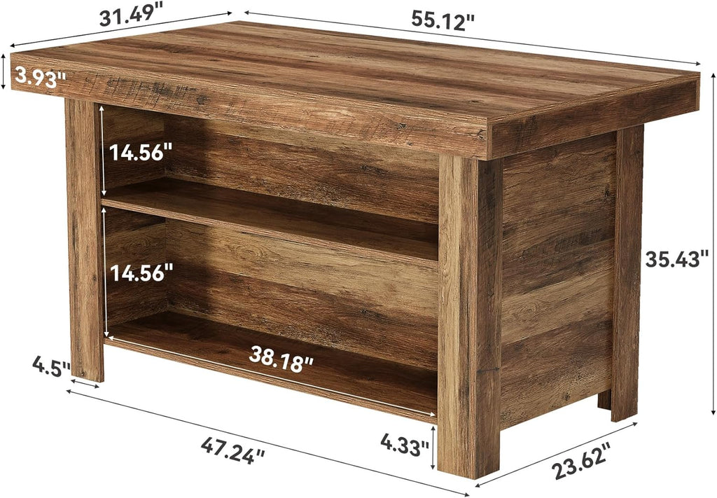 LITTLE TREE 55 Inches Kitchen Island with Storage, 3-Tier Farmhouse Wooden Stationary Island Table with Large Worktop & Leg Room, Modern Coffee Bar Table with Storage Shelf for Kitchen, Rustic Brown