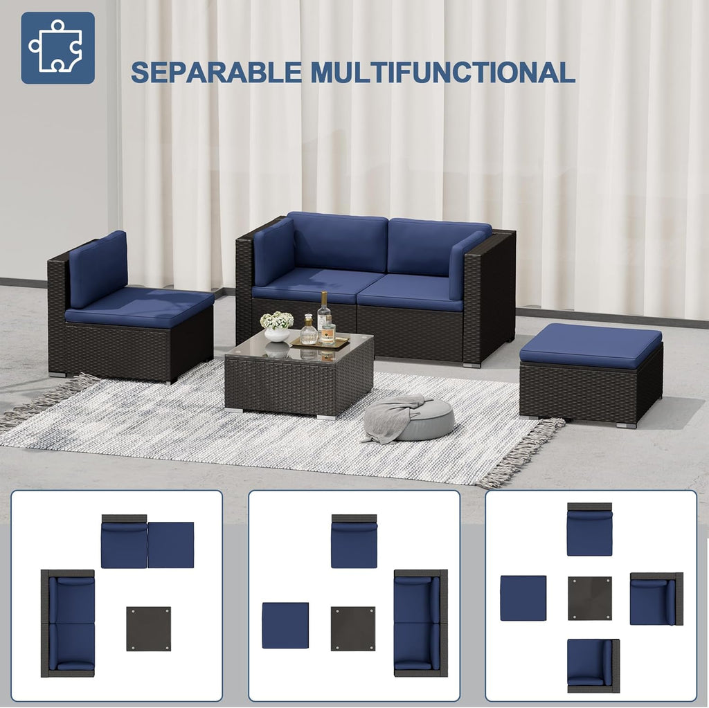 Incbruce 5 Pcs Patio Furniture Set with Ottoman, All-Weather PE Rattan Outdoor Sectional Sofas, Patio Sectional Furniture Set with Cushion & Glass Table (Blue)