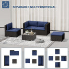 Incbruce 5 Pcs Patio Furniture Set with Ottoman, All-Weather PE Rattan Outdoor Sectional Sofas, Patio Sectional Furniture Set with Cushion & Glass Table (Blue)