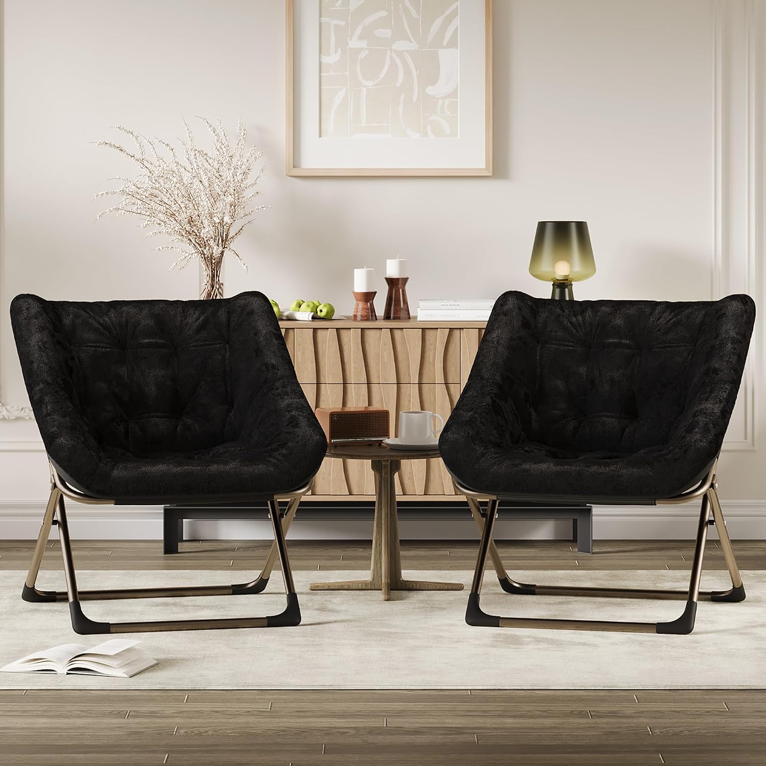 Collapsible Saucer Chair for Adults – Soft Faux Fur, Metal Frame, 300 Lbs Capacity, No Assembly Needed – for Bedroom, Living Room, Dorm or Apartment